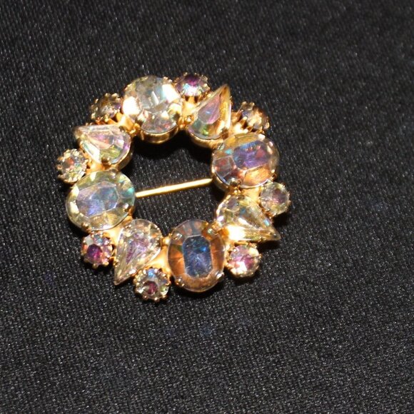 Austria Jewelry - Vintage Made In Austria Silver Cast Aurora Borealis Rhinestone Wreath Brooch Pin